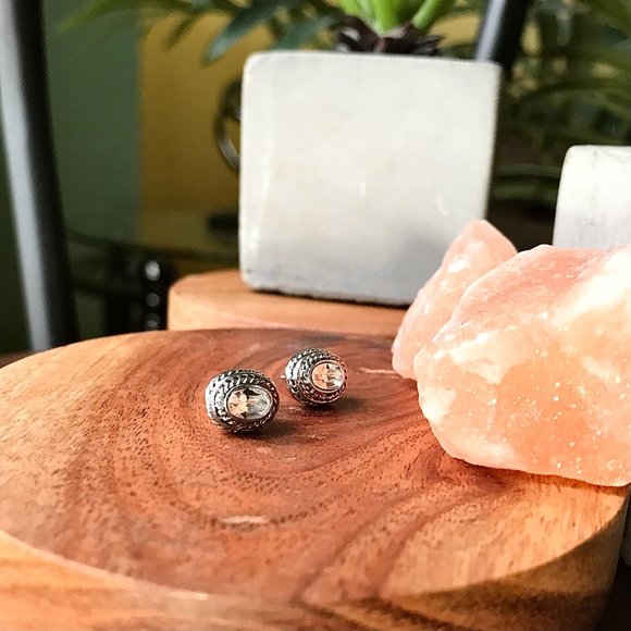 Sterling Silver Bordered Crystal Stud Earrings - Picture 6 of 6